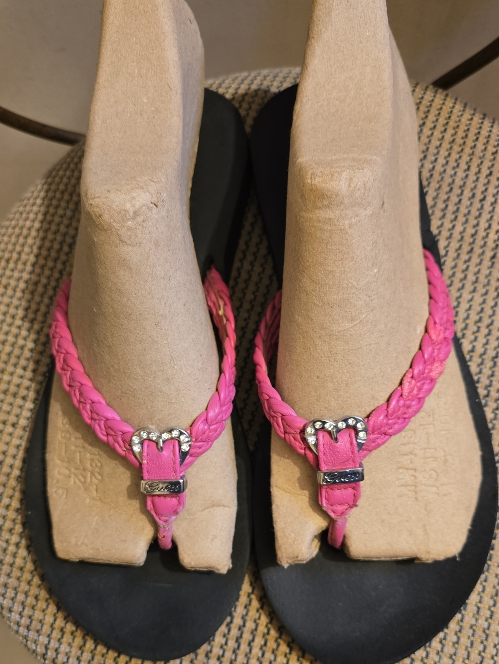 Guess Women’s Pink Braided Thong Sandals with Rhinestone Buckle